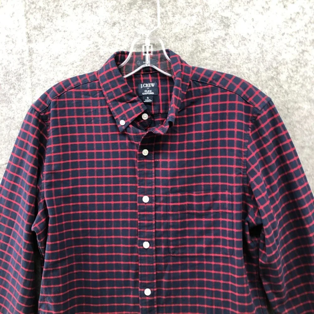 J. Crew Flex Oxford Shirt‎ Mens S Slim Fit Long Sleeve Navy Blue Red Check Plaid